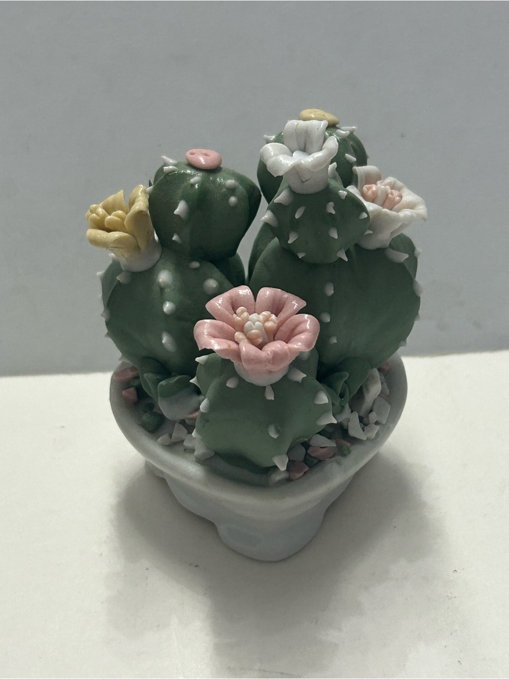 Vintage Porcelain Cactus Figurine Heart Shaped Pot and Pastel Flowers (as is)